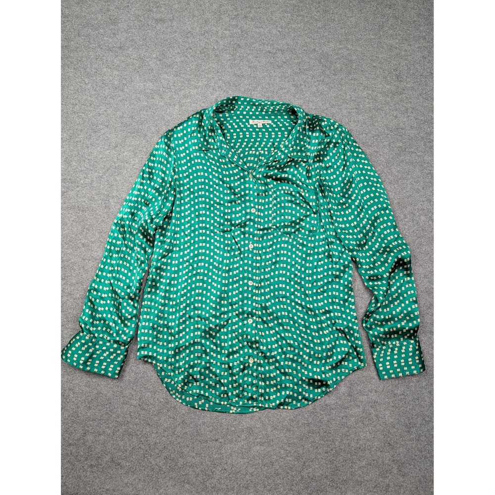 Broadway & Broome Shirt Womens Medium Green Silk Geometric Button Up Long Sleeve